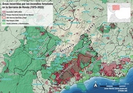 Mapa de todos los incendios forestales en la Serranía de Ronda desde 1975, realizado por Javier Martos.