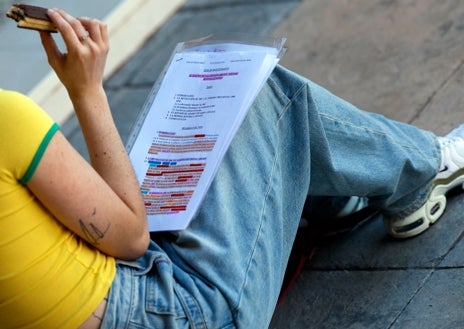 Imagen secundaria 1 - Alegría entre los estudiantes por los primeros exámenes. Algunos repasaban el temario de Historia en el descanso. El vicerrector de Estudiantes, José Francisco Murillo, destacó la normalidad de la jornada. 