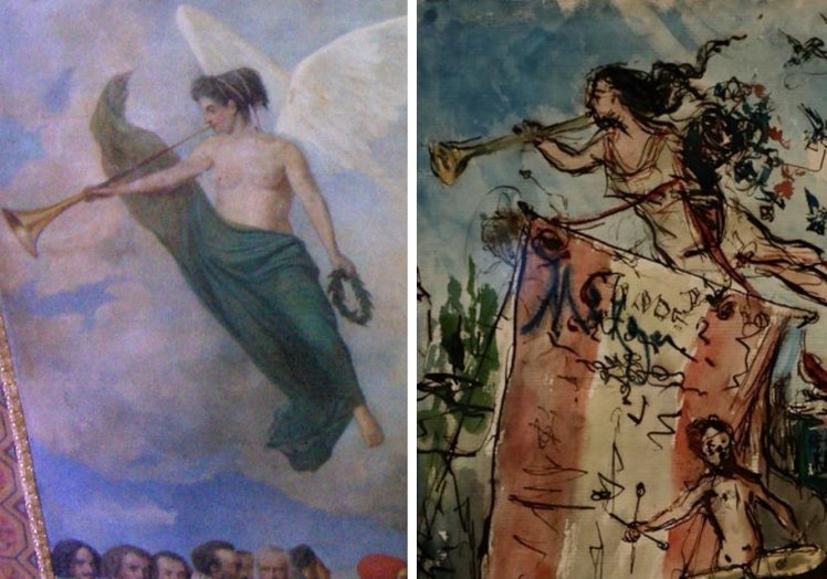 Imagen principal - En la primera imagen, la figura con trompeta del techo del María Cristina (izquierda) y la de dibujo de Picasso (derecha); en el centro, se lee la palabra 'Málaga'. En la segunda, el escudo de la ciudad de Málaga (izda) y la versión picassiana en un lateral del dibujo. En el último, el esbozo de la torre de la catedral de Málaga.