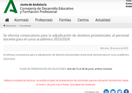 La Consejería de Educación anuncia en su web la ampliación de plazo para solicitar destinos.