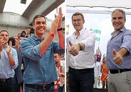 Arriba. Pedro Sánchez (PSOE) y Alberto Núñez Feijóo. Debajo. Yolanda Díaz (Sumar) y Santiago Abascal (Vox).