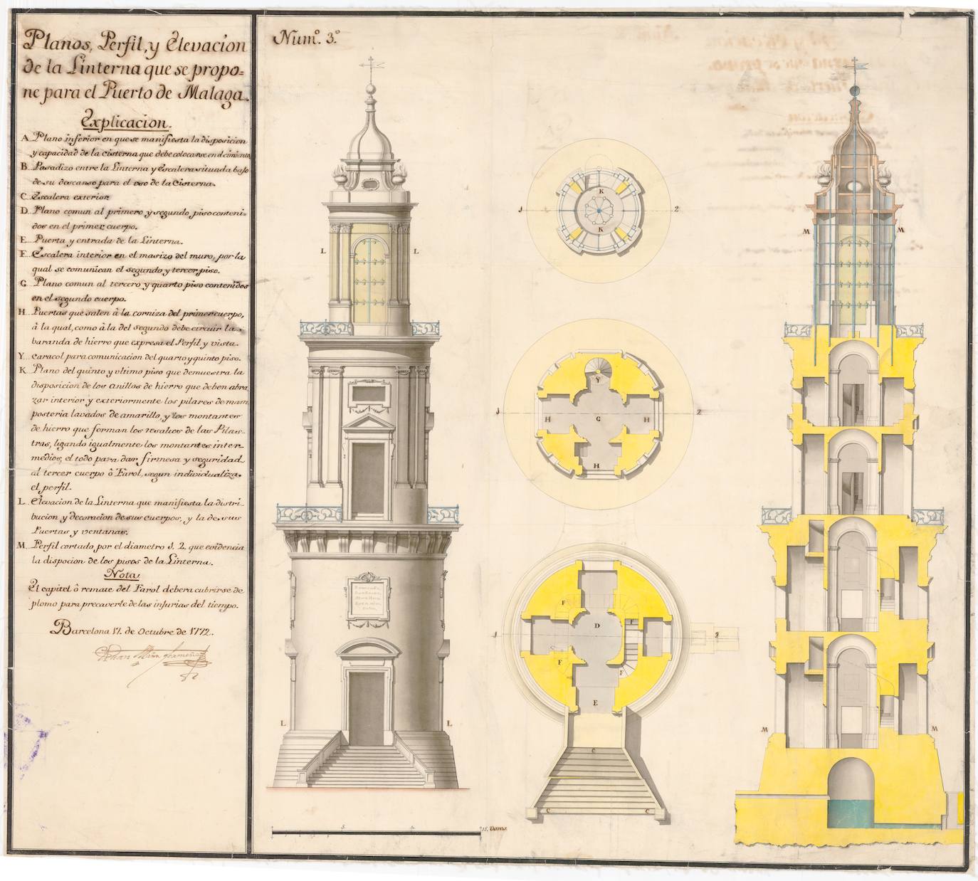 Planta y alzada del fanal propuesto por J. Martín Zermeño (1772).