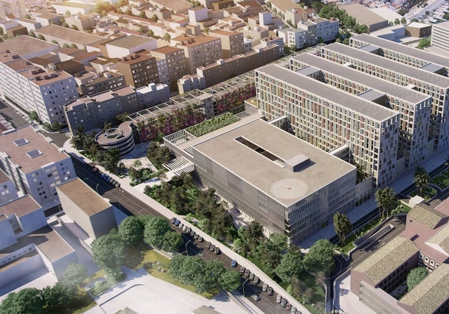 Recreación del proyecto del tercer hospital, en el que se aprecia el edificio de aparcamientos, al fondo.