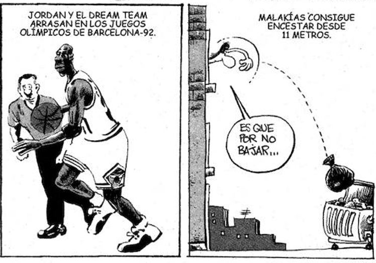 Imagen principal - En la primera viñeta, Malaquías como as del baloncesto por tal de no bajar la basura. En la segunda, entrevista de Luis Moret a Idígoras y Pachi en el cómic 'Bokerones fritos'. En la tercera, la banda de rock tocando en la plaza de la Merced y recibiendo su primera 'limosna'.