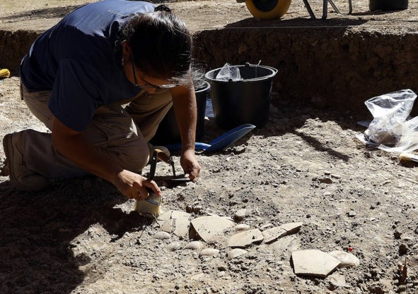 Imagen secundaria 1 - En la primera foto, el director de las excavaciones, José Suárez, en el corte 12, donde se excavan viviendas. En la segunda imagen, restos de lo que parece un pavimento de conchas que ha llamado la atención de los investidadores. En la tercera, el arqueólogo David Schloen, de la Universidad de Chicago, que participa con su equipo en las excavaciones.