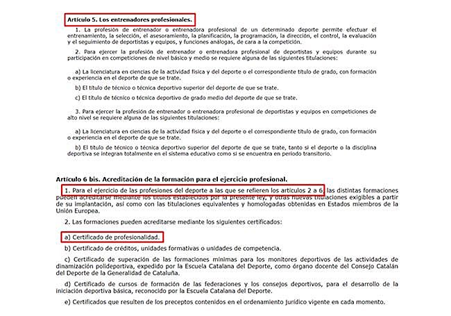 : Ley de del Ejercicio de las Profesiones del Deporte de la Comunidad de Cataluña (2008).