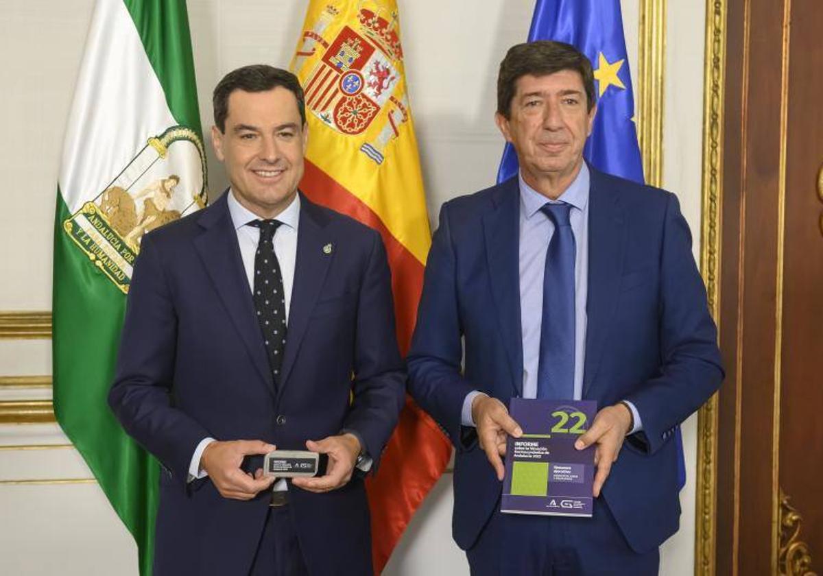 Moreno recibe de manos de Marín el informe sobre la situación socioeconómica de Andalucía 2022