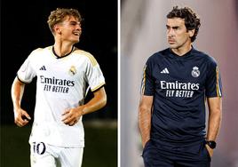 Nico Paz, el jugador más destacado del Real Madrid Castilla esta temporada, y Raúl González, el entrenador del filial blanco.