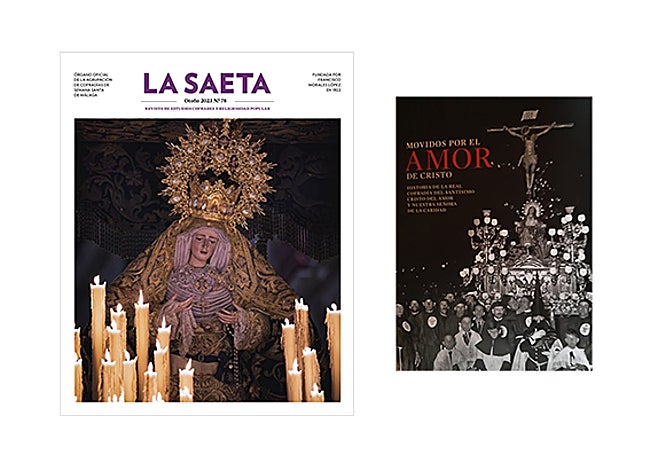 Portadas de la revista La Saeta y el libro dedicado a la Cofradía del Amor.