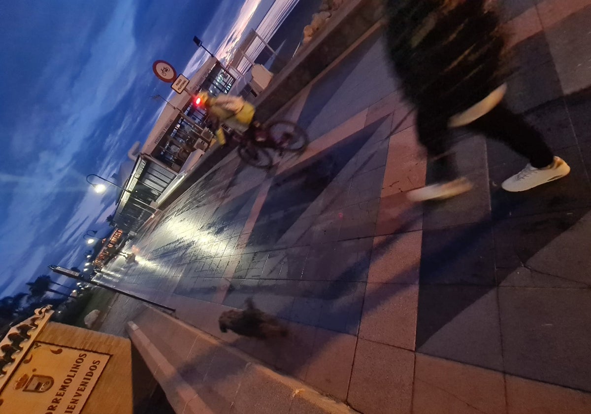 Deportistas en La Carihuela, en Torremolinos, después del baldeo del paseo marítimo.