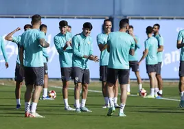 Jugadores del Málaga aplauden en una sesión de trabajo del Málaga.