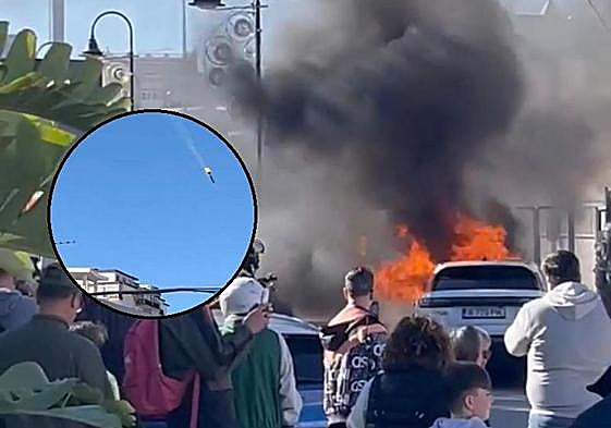 Imagen del incendio y detalle de la parte del vehículo que ha salido volando tras la explosión.