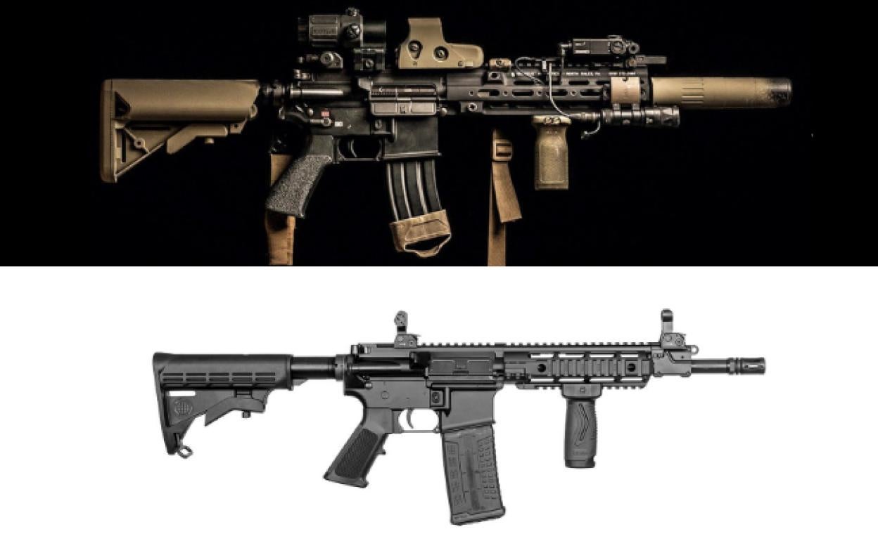 El original y la réplica. Arriba imagen del popular HK416 adquirido recientemente por la policía alemana y que usan, en sus diferentes variedades, las principales unidades de élite militar y policial del mundo. Abajo fografía del fusil 'low cost' MZ-4P Piston de la empresa israelí Emtan, del que la Guardia Civil ha comprado 5.800 unidades por algo menos de 6 millones de euros.