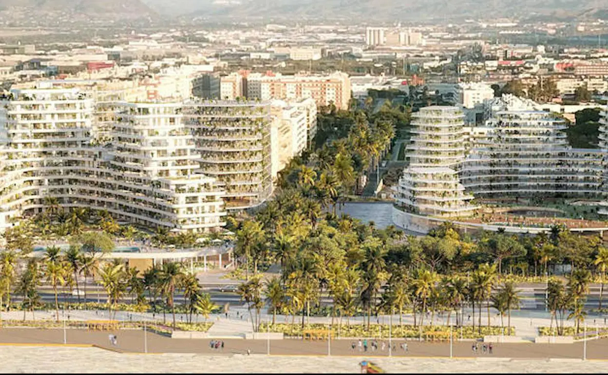 Recreación del proyecto previsto para la parcela de La Térmica (sin la rebaja última de alturas), en la que están previstas viviendas, oficinas y un hotel. 
