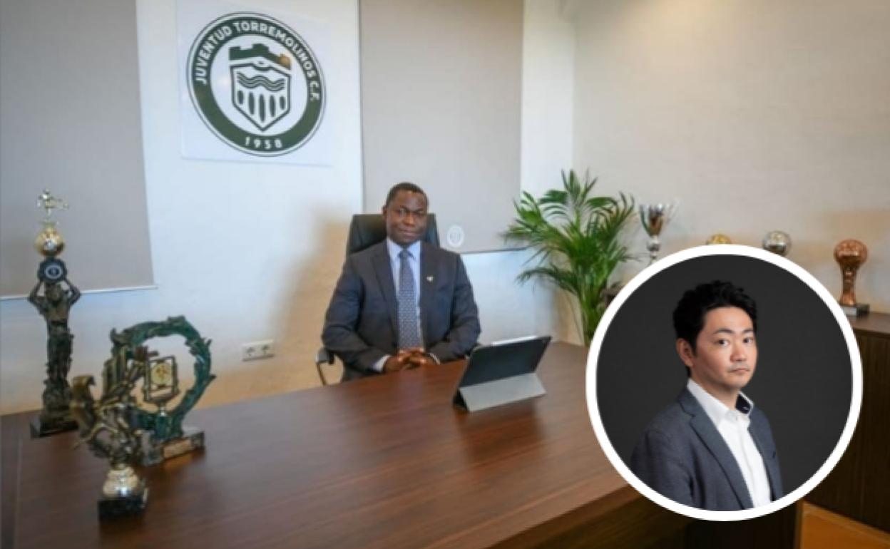 En grande, el actual presidente del Juventud Torremolinos, Alain Patrick. En el círculo, el CEO de ACA Football Partners, Hiroyuki Ono.