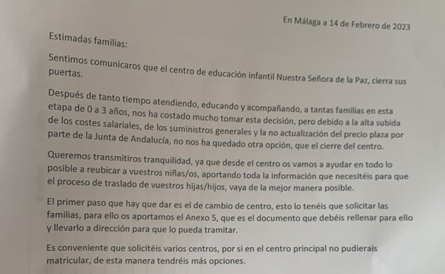 Circular enviada por la guardería para comunicar el cierre a las familias. 