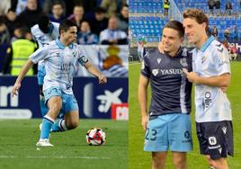 El jugador del Málaga Luca Sangalli durante el partido contra la Real Sociedad en La Rosaleda con el brazalete de capitán. A la derecha posa con su amigo Odriozola tras intercambiarse las camisetas.