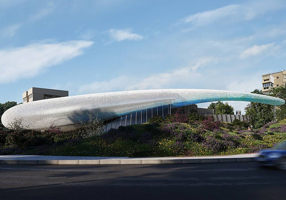 Imagen principal - En la primera foto, el edificio al completo con su singular cubierta en forma de gota de agua. En la segunda, uno de los extremos del edificio que estará rodeado de abundante zona verde. En la última imagen, detalle de la piel cerámica que cubrirá el CaixaForum Málaga.