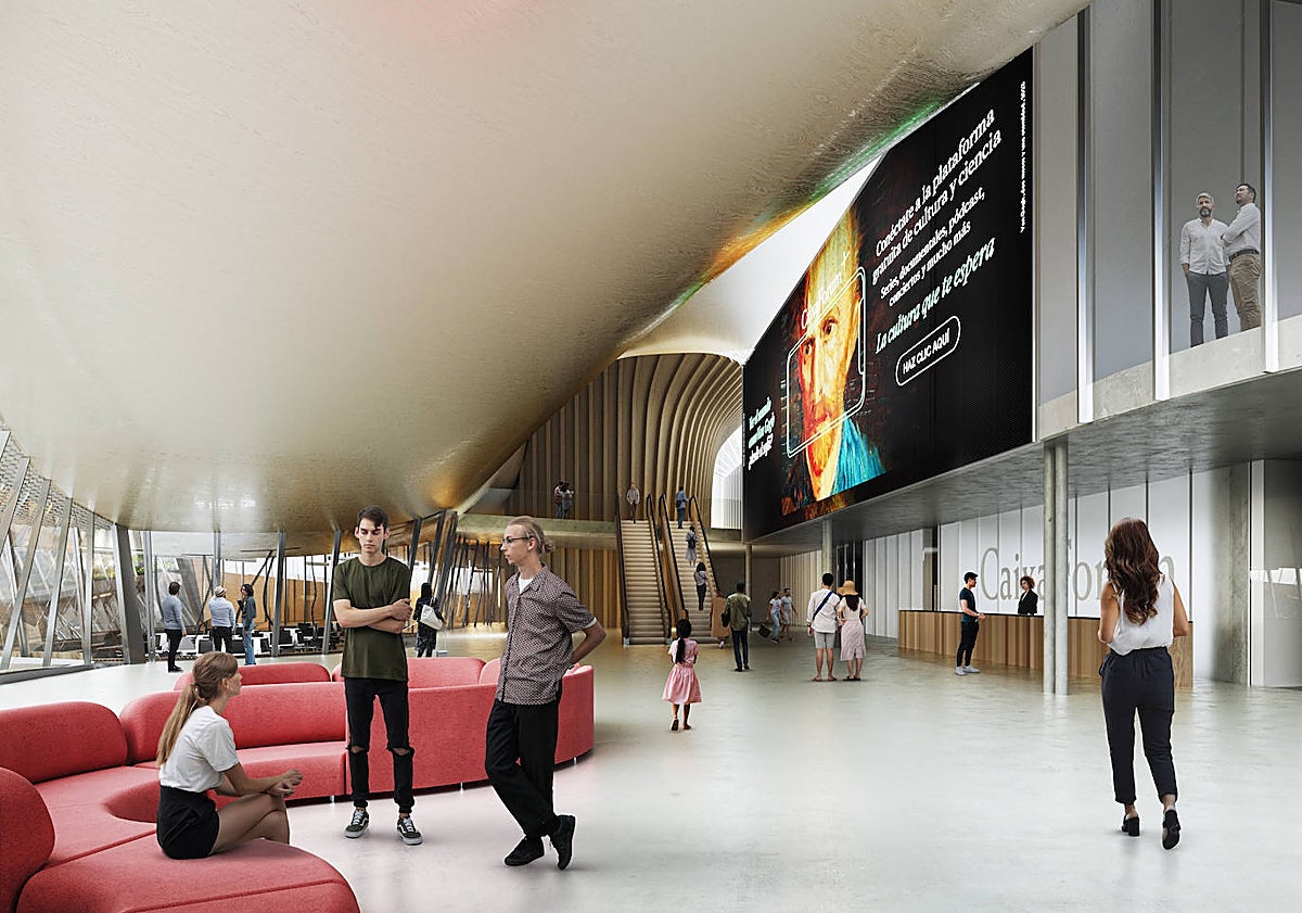 Imagen principal - En la primera imagen, hall de entrada al CaixaForum Málaga. En la segunda, bajada desde el primer nivel a la planta baja. Y en la última, interior de una salas del nuevo dentro cultural y expositivo.