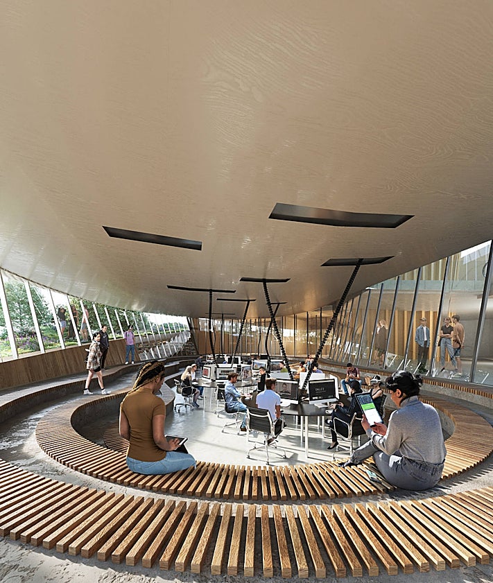 Imagen secundaria 2 - En la primera imagen, hall de entrada al CaixaForum Málaga. En la segunda, bajada desde el primer nivel a la planta baja. Y en la última, interior de una salas del nuevo dentro cultural y expositivo.