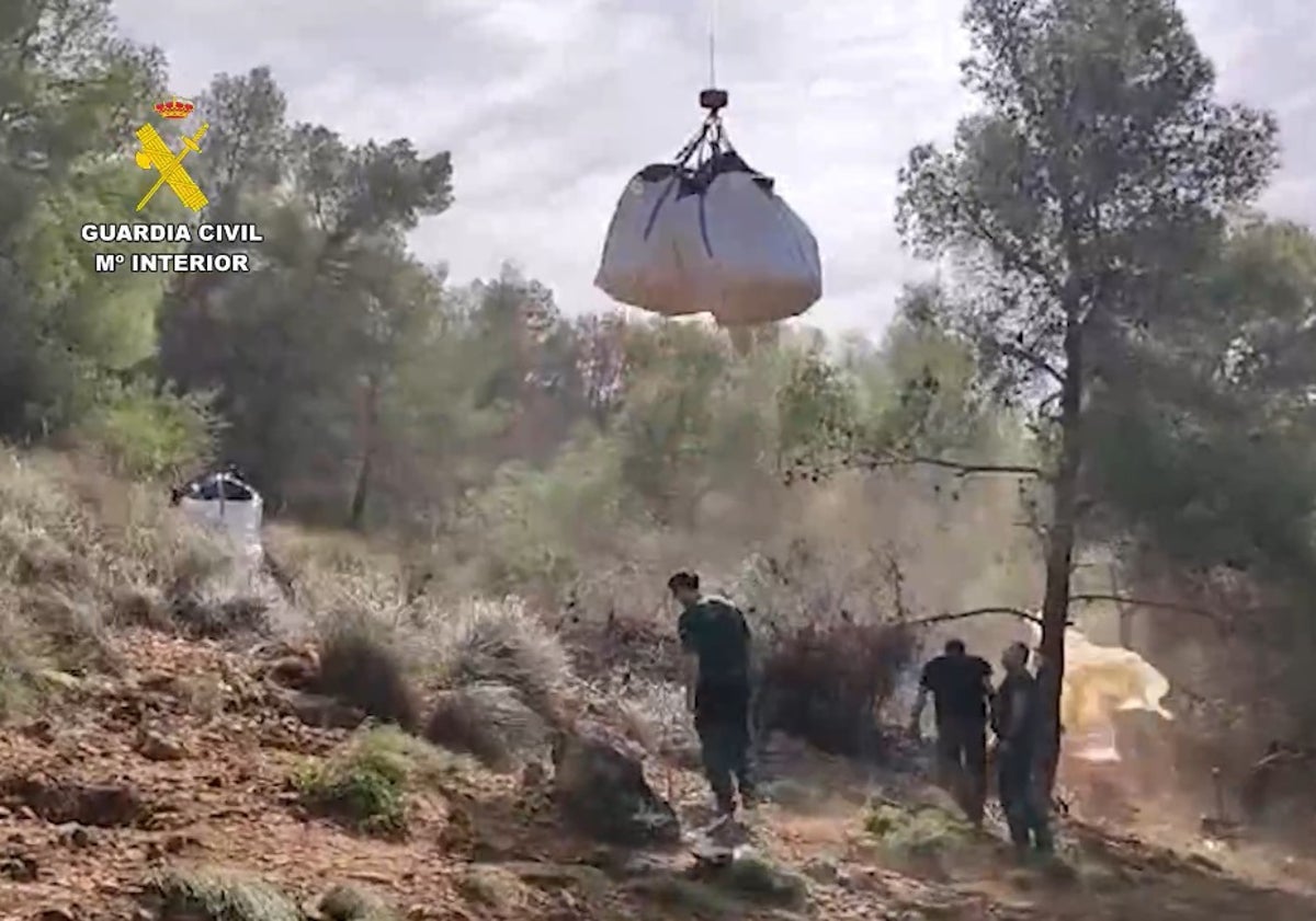 Imagen principal - Tres imágenes de la operación de la Guardia Civil contra el cultivo de marihuana en la sierra de Nerja.