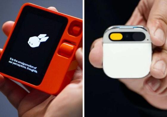 El Rabbit R1, en rojo, y el AI Pin, en blanco, con una estética muy similar a los productos de Apple