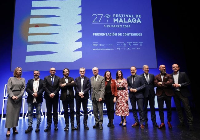 Foto de familia de todos los patrocinadores del Festival de Málaga, en la presentación de la 27 edición.