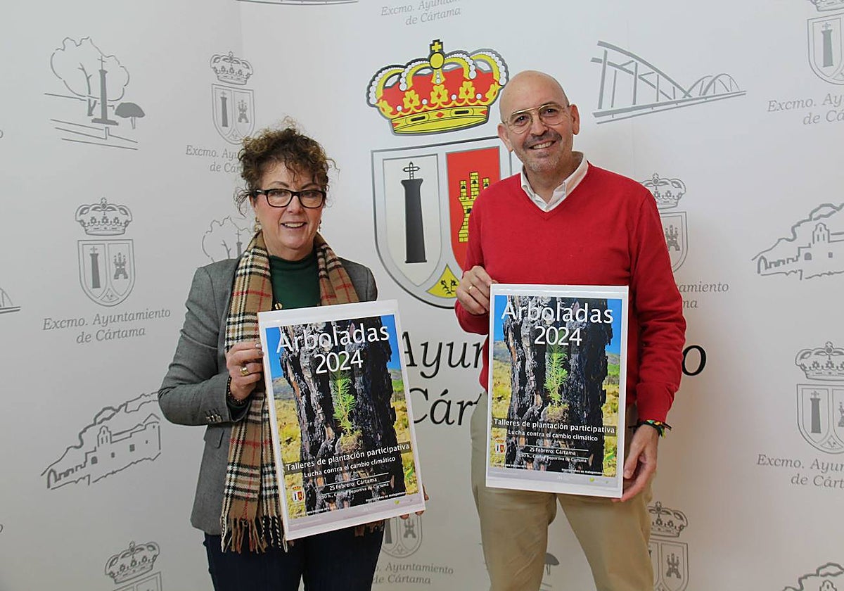 La edil de Medio Ambiente, Antonia Sánchez, y el alcalde de Cártama, Jorge Gallardo, presentan la 'Arbolada'.