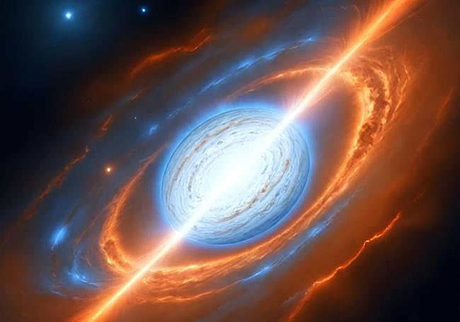 Figura 'kilonova'. Concepción artística de la kilonova asociada con el estallido de rayos gamma observados en la Tierra el pasado 7 de marzo de 2023. Ahí ya se han formado los elementos más pesados como el platino y el oro, como ha ocurrido en otros eventos similares, platino y oro que millones de años después cayeron en nuestro planeta y que los seres humanos recogieron como metales preciosos para hacer joyas, etc.