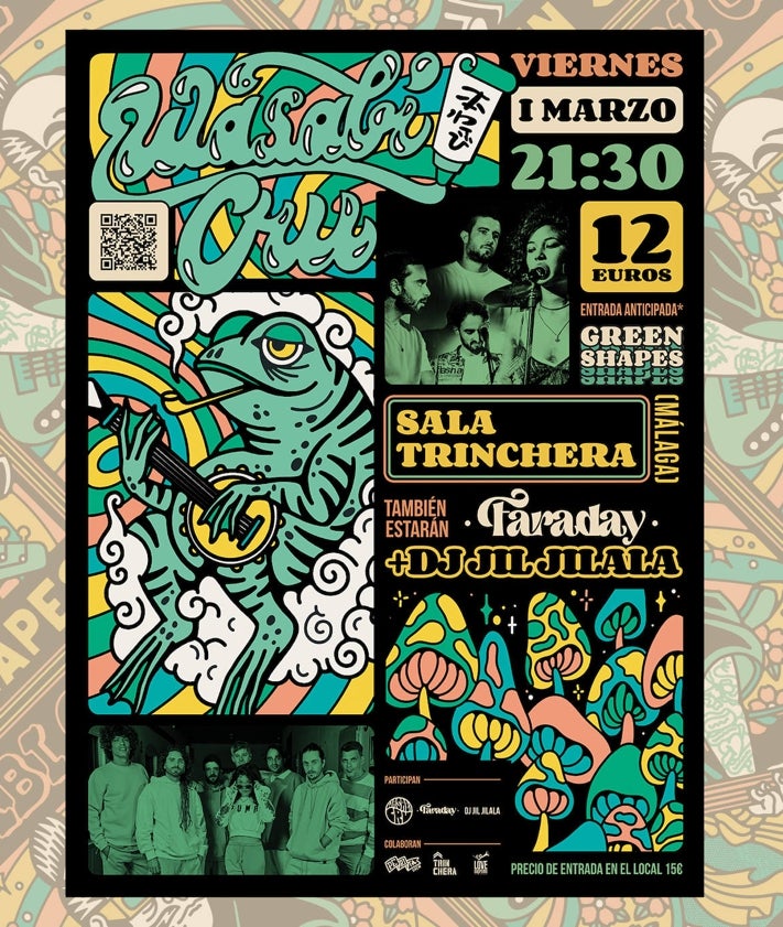 Imagen secundaria 2 - Los músicos de Wasabi Cru, con Julia Martín, y el cartel de su concierto en La Trinchera, obra de Alba Zapata.