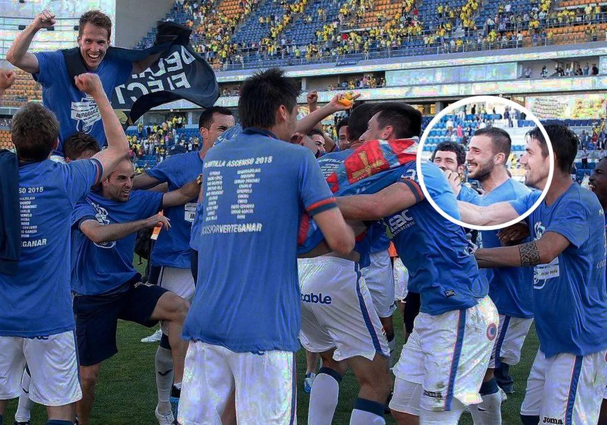 Imagen principal - Celebraciones de los ascenso a Segunda de Dioni con el Oviedo, Víctor García con el Castellón en La Rosaleda y de Manu Molina con el Ibiza.