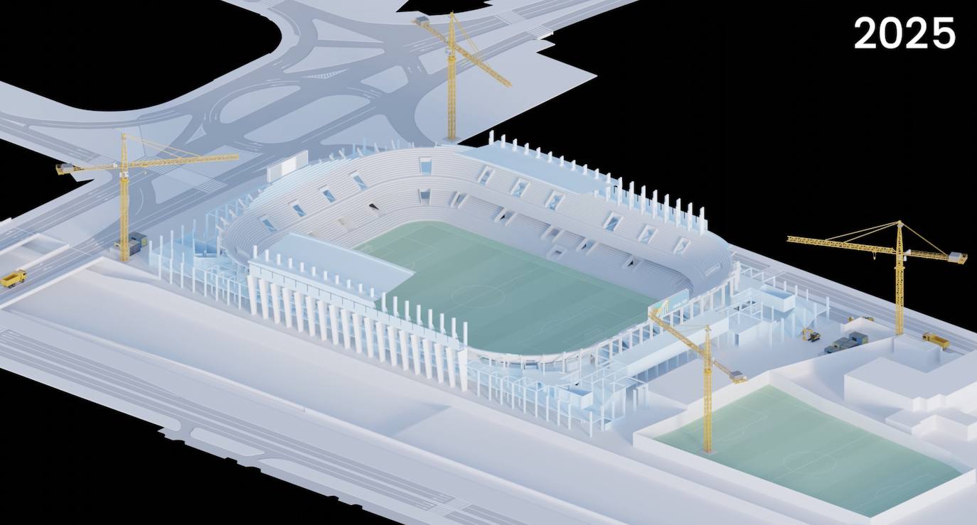 Previsión del estado de las obras de la nueva Rosaleda en 2025.