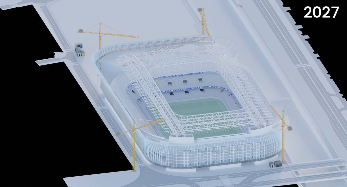 Previsión del estado de las obras de la nueva Rosaleda en 2027.