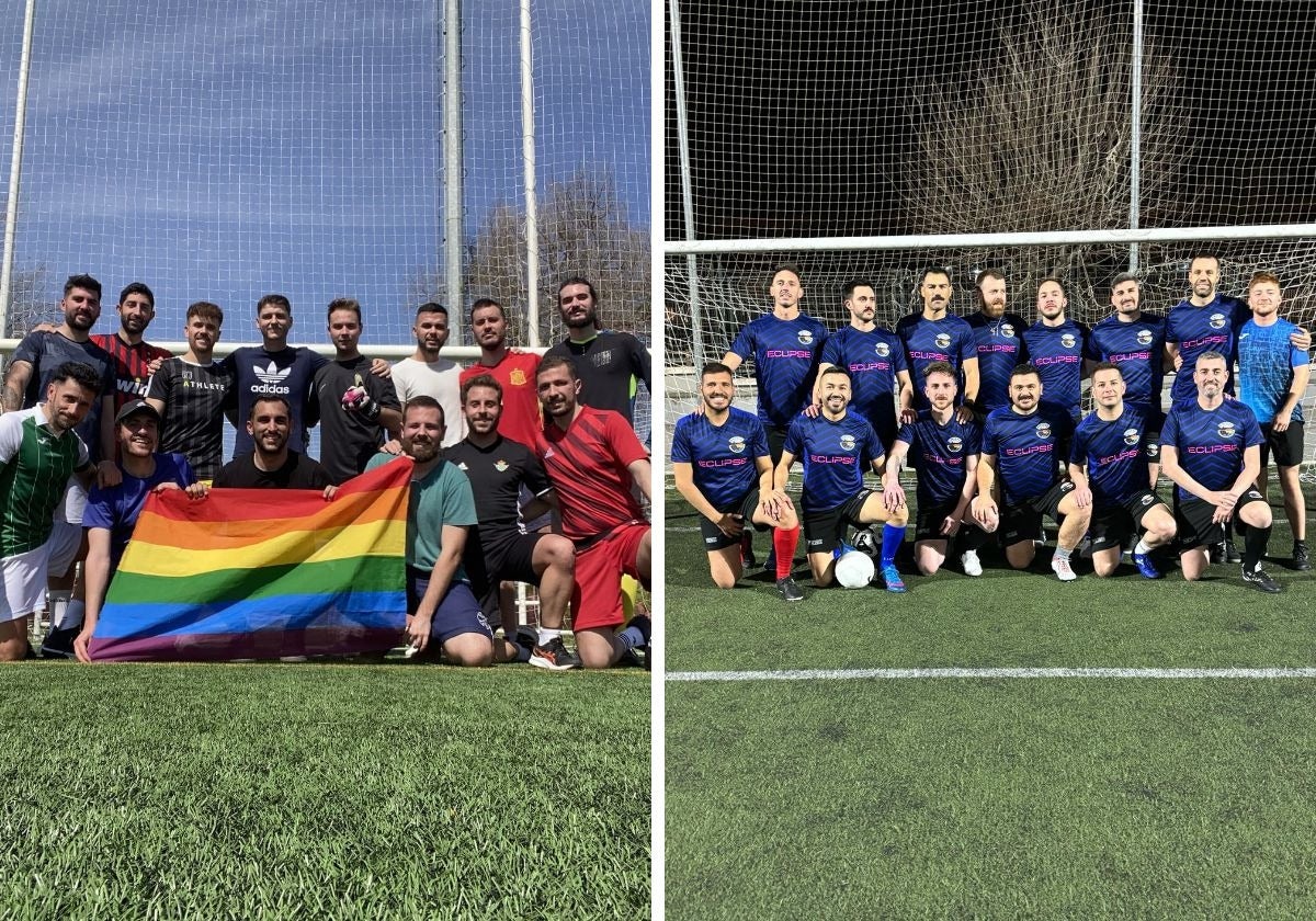 A la izquierda, los jugadores de Orgullo Hispalense. A la derecha, los de Rinos F.C.