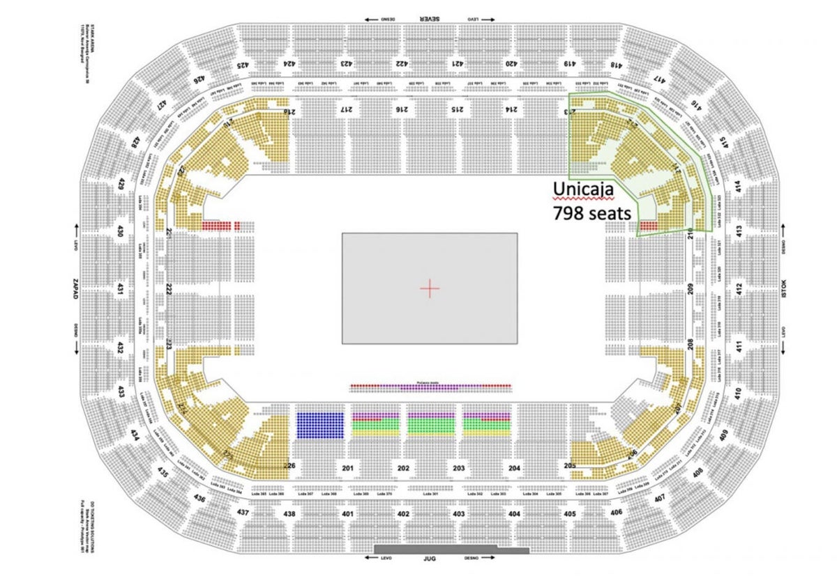 Croquis del recinto del Stark Arena de Belgrado, con las zonas reservadas a aficionados del Unicaja (798 asientos) en otro color.