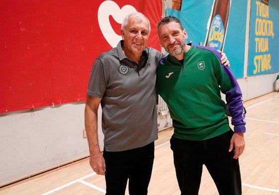 Zeljko Obradovic e Ibon Navarro, ayer tras el entrenamiento del Unicaja en Belgrado.