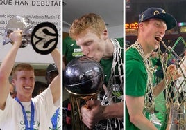 Alberto Díaz, con los trofeos de la Eurocup, la Copa del Rey y la Basketball Champions League.