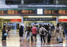 Viajeros frente a los paneles de información de la estación María Zambrano.
