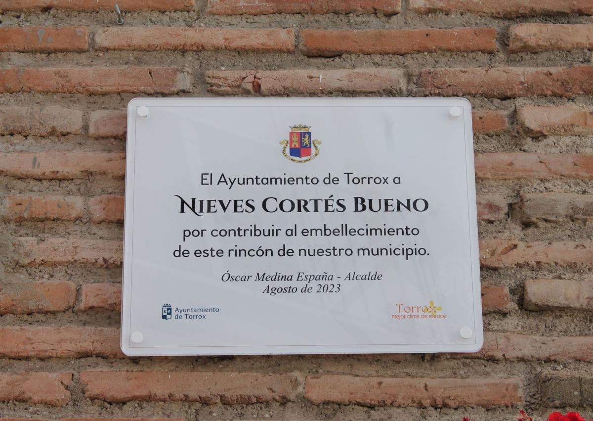 Imagen secundaria 1 - Hay varios faros en miniatura en la parte central de la calle. Abajo, placa que homenajea a Nieves Cortés, la vecina que ha hecho posible que la calle luzca así.