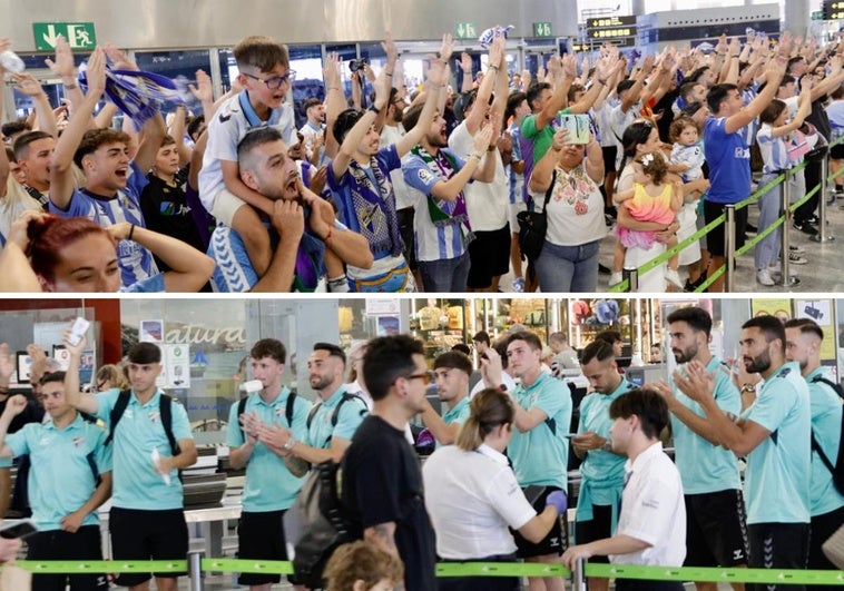 Aficionados del Málaga animan en el aeropuerto mientras que los jugadores agradecen el apoyo.