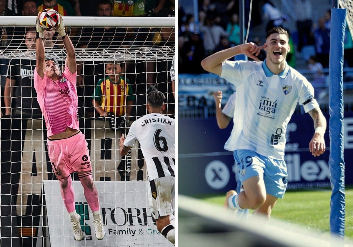 Una parada de Alfonso Herrero ante el Castellón y una celebración de un gol de Roberto contra el Alético Baleares.