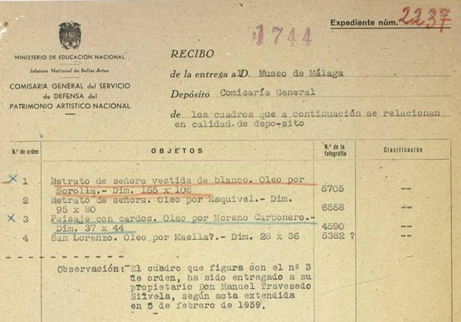 Documento sobre depósitos incautados en el Museo de Málaga y su devolución posterior al propietario.