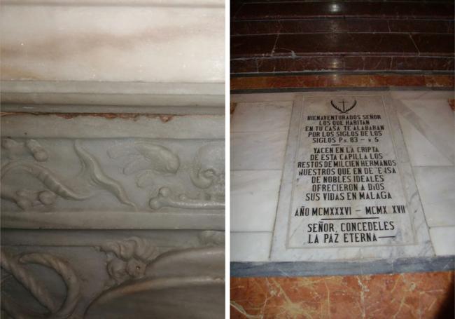 A la izquierda, Detalle fúnebre en el sepulcro del obispo Bernardo Manrique en la catedral. A la derecha, acceso a una de las criptas de la catedral.