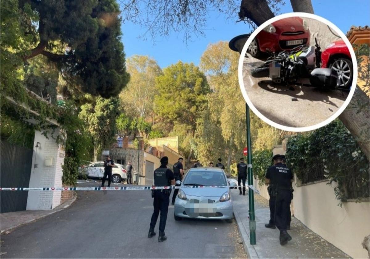 Un grupo de policías en la zona. Arriba, a la derecha, estado en el que quedó la moto de uno de los agentes.