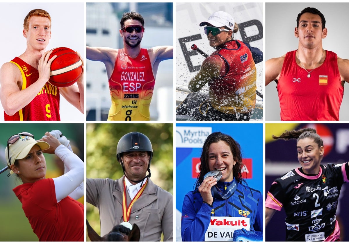 De izquierda a derecha, Alberto Díaz (baloncesto), Alberto González (triatlón), Ana Moncada (vela), Ayoub Ghadfa (boxeo), Azahara Muñoz (golf), José Daniel Martin Dockx (hípica), María de Valdés (Aguas abiertas) y Marta López (balonmano)