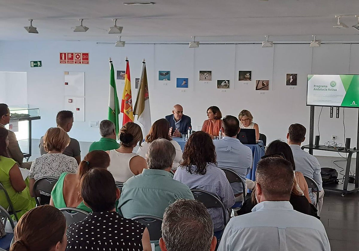 La consejera de Empleo, Empresa y Trabajo Autónomo, Rocío Blanco, junto a los alcaldes y responsables municipales de 21 localidades, en la presentación del proyecto en Archidona.