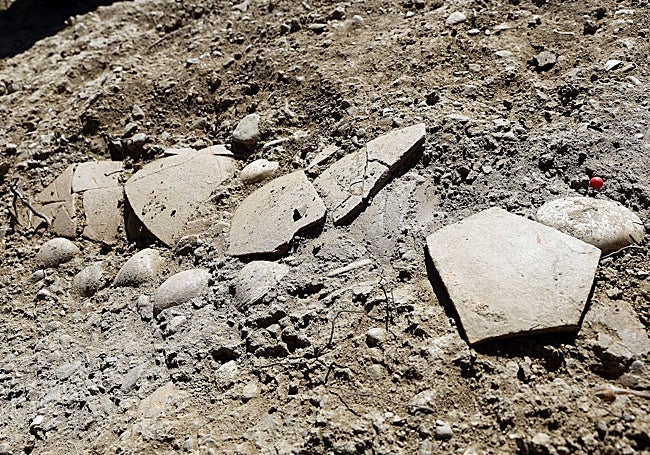 Fragmento del suelo de conchas descubierto el pasado año en el yacimiento del Cerro del Villar.