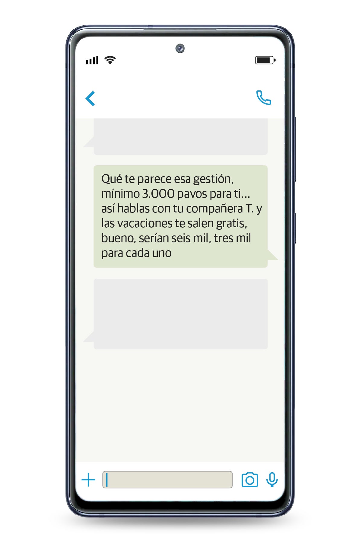 Recreación de algunos de los mensajes de J., agente ayudante de la AEAT investigado, captados en la aplicación WhatsApp instalada en un Samsung Galaxy s20.