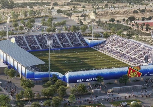 Maqueta del estadio portátil que empleará el Zaragoza en las campañas 2025-26 y 2026-27.