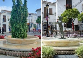 A la izquierda, la fuente sin la Niña de Benalmádena y, a la derecha, la imagen habitual.